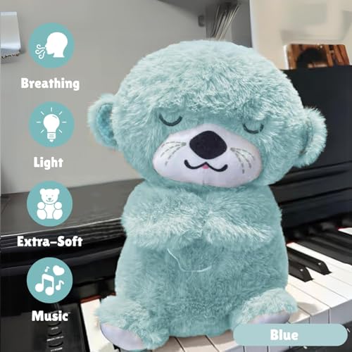 Image of Niku Breathing Teddy Bear Otter Soft Toys for Kids Baby Girls Blue Colour | Glowing Music for Baby Sensory Sleep | Lights Rhythmic Simulation Plush with Soothing Sound | Best Birthday Gift