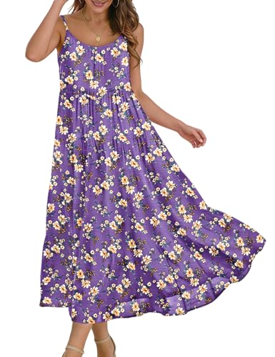 Image of YESNO Summer Bohemian Floral Dresses for Women Spaghetti Straps Maxi Dress Casual Flowy Dresses with Pockets ES0