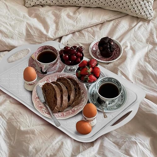 LEHAHA 17.25\" x 12\" Serving Trays Set of 2 White, Dinner Tray, Light Weight Easy to Clean Sturdy Stackable Melamine Serving Platter with Handle, Fruit, Snacks, and Desserts Trays.Mats Included