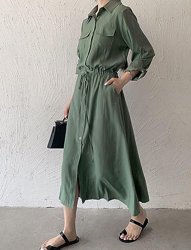 Image of Women Roll-Up Long Sleeve Button Down Shirt Midi Dress
