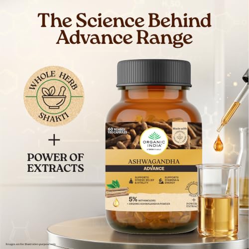 Image of Organic India Ashwagandha Advance Capsules, 60 Veg Capsules, 5% Withanolides, With Organic Ashwagandha Root Powder, Stress Relief, Energy & Vitality Support