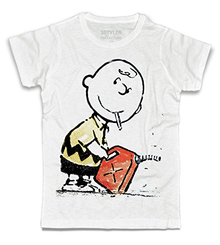  3styler T-Shirt Uomo Bianca Charlie dei Fumetti – Bad Version - Linea Collection - Cotone Fiammato (Slub) 150 gr/mq (XL, Bianco)