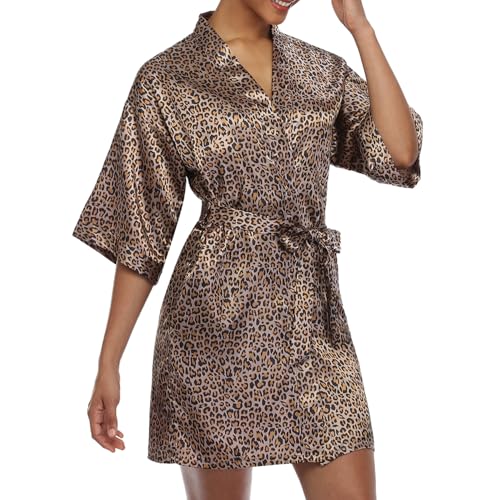 Image of Women's Short Satin Robes Lightweight Silky V-Neck Sleepwear Wedding Bridal Party Bride Bridesmaid Bathrobes