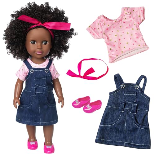 Ecore Fun 14.5" African Baby Girl Doll with Clothes Set - Washable Realistic Silicone Toy - Best Gift for Kids