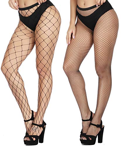 HZH High Waist Tights Fishnet Stockings for Women Thigh High Stockings Pantyhose(Black,L+MS/Gride/2pcs)