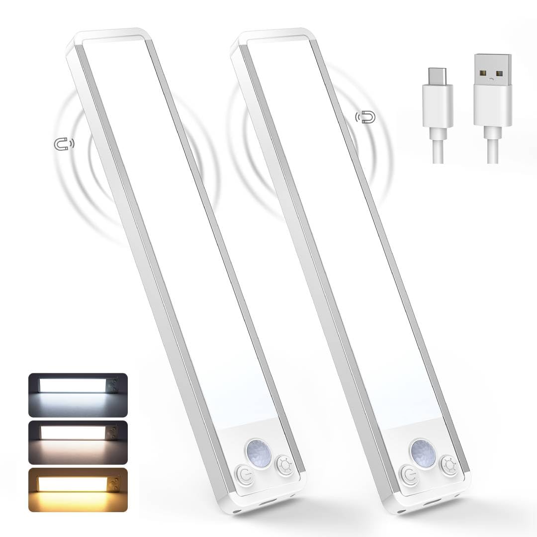 TECKNET Under Cabinet Kitchen Lights, 70 LED Super Bright, 3 Color Stepless Dimming Motion Sensor Lights Indoor, Rechargeable USB-C 1800mAh Cupboard Light, Stick on Lights for Cupboard&Kitchen-2 Pack