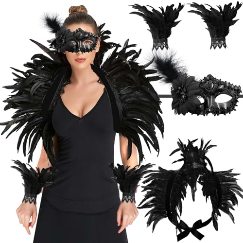 Huahuanghui Federkragen Schwarz Set, mit Feder Handschuhe Schwarz und Gothic Federmaske, Damen Feder Manschetten, Gothic Federn, Schwarze Federn...