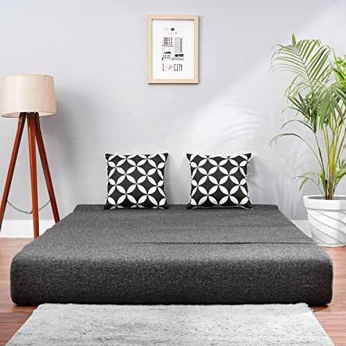 Image of Convertible Fabric Sofa Cum Bed | Foldable Double Foam & Washable Cover with Cushions | Modern Design Use Living Room & Guest Room (Dark-Grey-Multi-Star, 4X6 Ft)