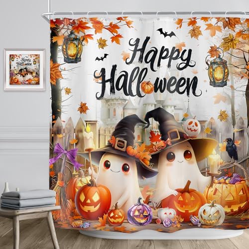 Image of Riyidecor Happy Halloween Shower Curtain Kids Funny Ghost Cute Cartoon Gothic Spooky Fall Autumn Pumpkin Maple Leaves Castle Bathroom Decor Fabric Polyester Waterproof 12 Pack Hooks 72Wx72H Inch