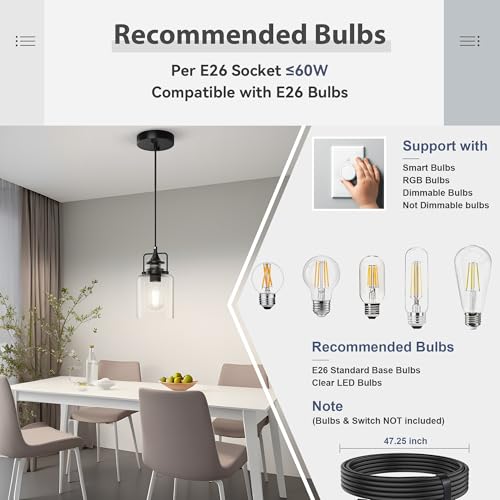 Hansang Modern Black Pendant Light Fixture Kitchen Island, Kitchen Ceiling Hanging Lights, 47Inches Adjustable Rope, Farmhouse Clear Glass, E26 Base, Bulbs Not Included, 1 Pack