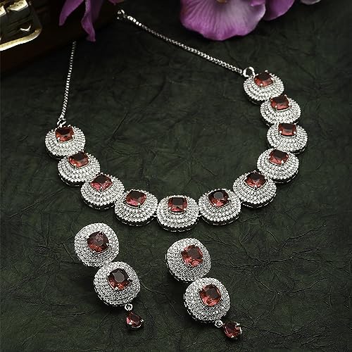 Image of ZENEME Rhodium Plated Silver Toned Triangular Shaped American Diamond Studded Jewellery Set For Women and Girl