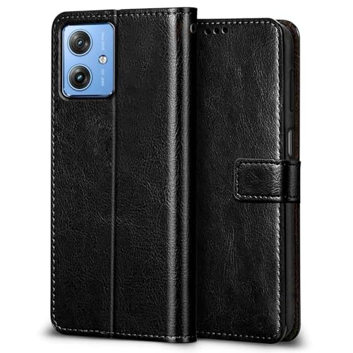 Image of WOW IMAGINE Shock Proof Flip Cover Back Case Cover for Motorola Moto G54 5G | Moto G64 5G (Flexible | Leather Finish | Card Pockets Wallet & Stand | Black)