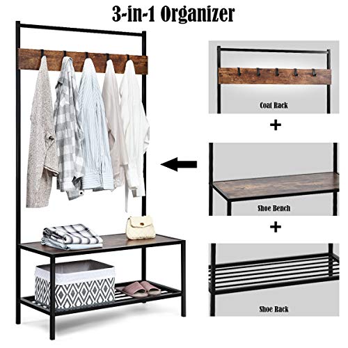 image for Tangkula 3 in 1 Industrial Coat Rack, Hall Tree Shoes Bench, Entryway 