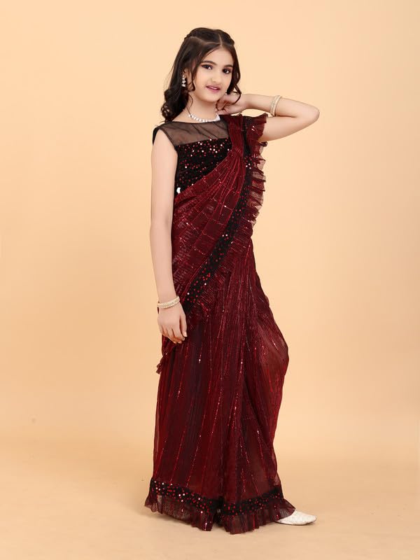 Image of Kids Supernet Tikli Work Ready to Wear Saree with Unstitched Blouse Piece | Traditional Ethnic Saree for Girls | Pre Stitched Festive Dress for School Function, Cultural Events & Wedding