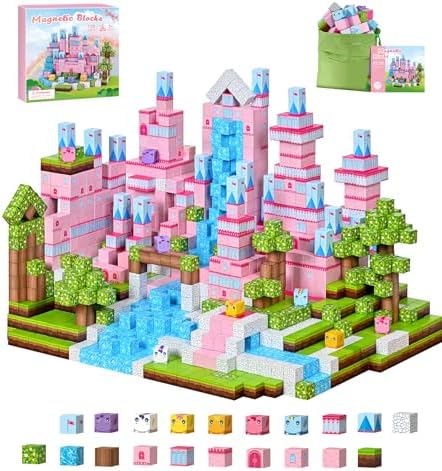 PINKCAT 100PCS Magnetic Blocks, Kids Building Pink Fantasy Castle...