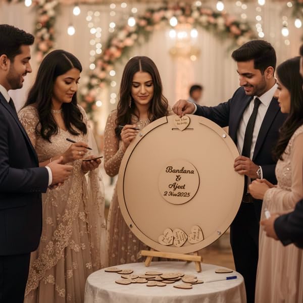 Image of Circle Drop Box Wedding Guest Book with Wooden Hearts for Blessings or name | Personalized Custom Name & Date Guestbook Frame for Wedding Reception Birthday & Shaadi Decor | 12x12, 15x15, 18x18 Inch Round Shape with stand and hearts