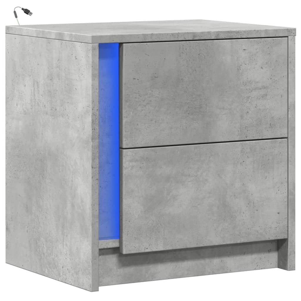 vidaXL Mesita de Noche con Luces LED Madera ingeniería Gris hormigón, mesilla de Noche, mesita Auxiliar para Dormitorio, Muebles de Dormitorio