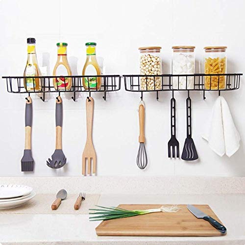 Dayish Multipurpose Storage Rack Kitchen Wall-Mount Seasoning Rack with 6 Hook Spoon Holder, Self-Adhesive Bathroom Storage Organizing Shelves Basket (Black) 4
