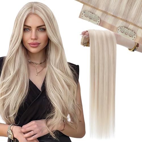 Image of Moresoo 150G Seamless Clip in Hair Extensions Ash Blonde to Bleach Blonde 24Inch 7Pcs PU Skin Genius Clip in Human Hair Extensions Natural Look Clips in Extensions for Women Party