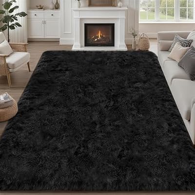 Luxturiy 8x10 Area Rug Living Room Bedroom: Fluffy Plush Shag Carpet Black