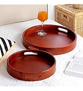 Bandeja de servir de madeira redonda com acabamento de mogno premium feita à mão para lanches, chá/dr...