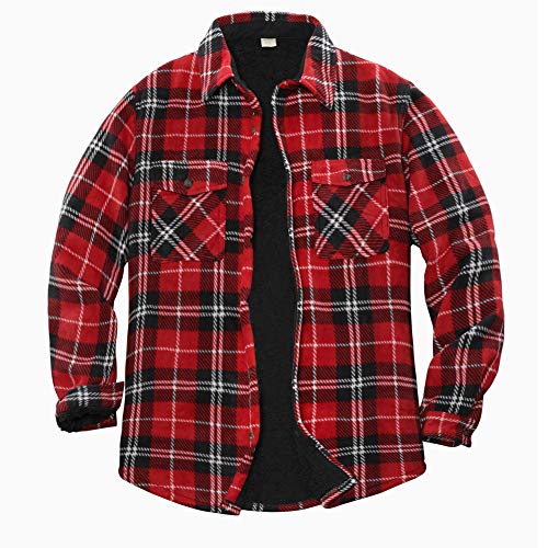 ZENTHACE Men's Warm Sherpa Lined Fleece Plaid Flannel Shirt Jacket(All Sherpa Fleece Lined)Red L
