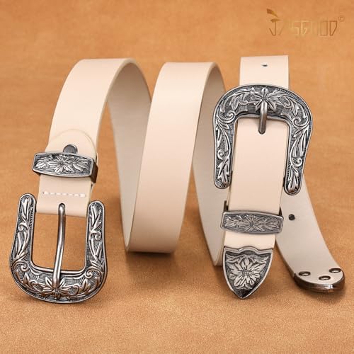 Image of JASGOOD Double Buckle Western Belts for Woman Cowgirl Country Belt Vintage Black Leather Belt for Jeans Pants Dresses
