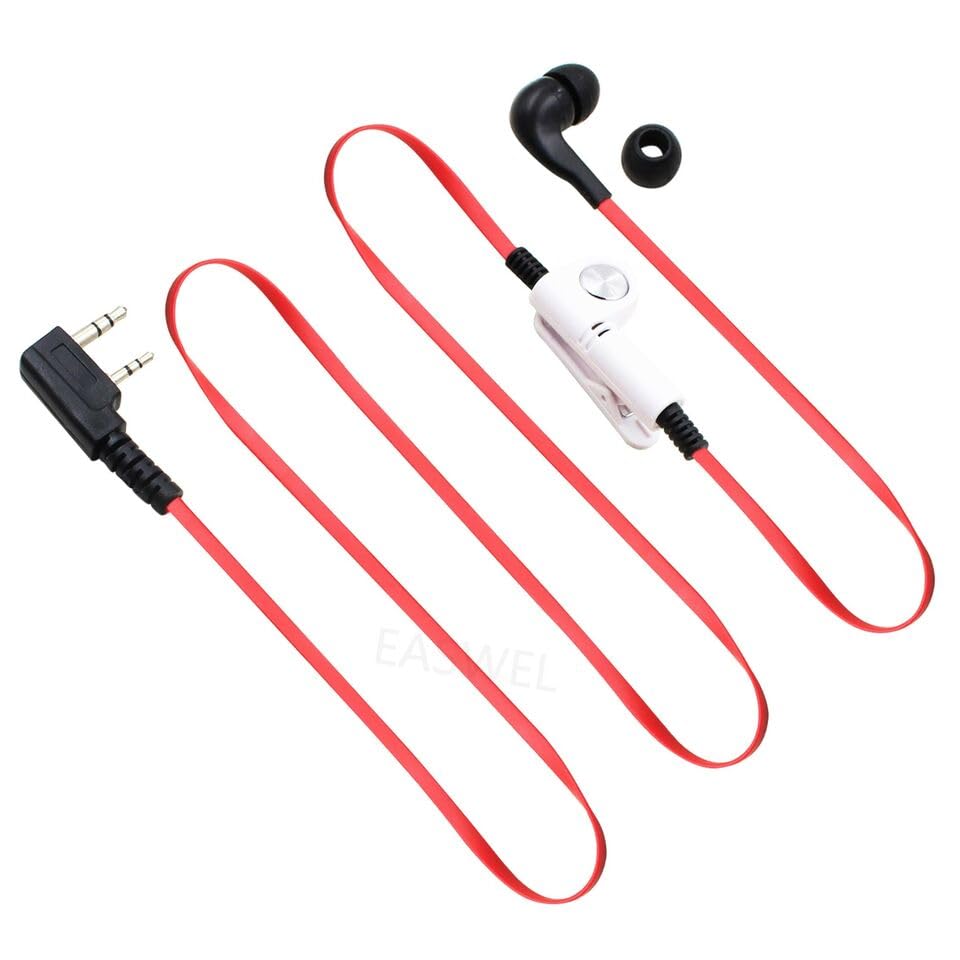 The dreeong 2-Pin Headset Earpiece laid out, showing the full length of the red cable, the 2-pin connector, the inline PTT unit with a clip, and the earpiece.