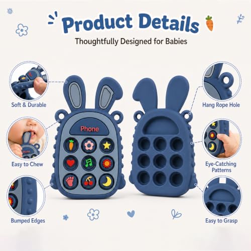 Image of Press Phone Teether for Baby Girls, Soft Silicone Teething Toy, Sensory Toy | Teething Relief, BPA-free, Freezer, for Baby 3 Months+, Cute Rabbit Design with Textures and 9 Patterns, Press & Pop for Fun!