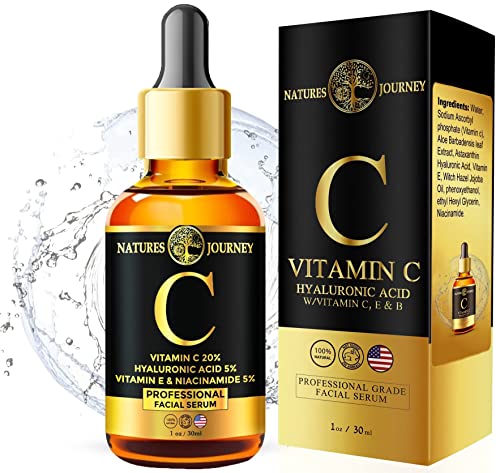 Natures Journey Vitamin C Facial Serum With Hyaluronic Acid Skin Brightening Dark Spot Corrector Prevents Wrinkles & Fine Lines Anti-Aging Acne Reducer (1 Oz) #TOP5