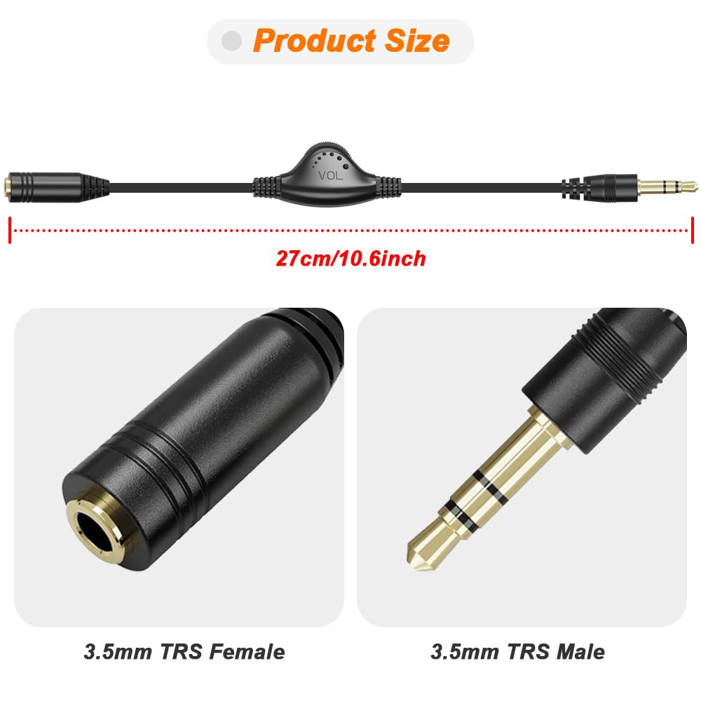 Przedłużacz słuchawek 3,5 mm, TRS męski na żeński, adapter wtykowy stereo z regulacją głośności do tabletów, MP3, z kablem audio typu C na 3,5 mm (2 sztuki)