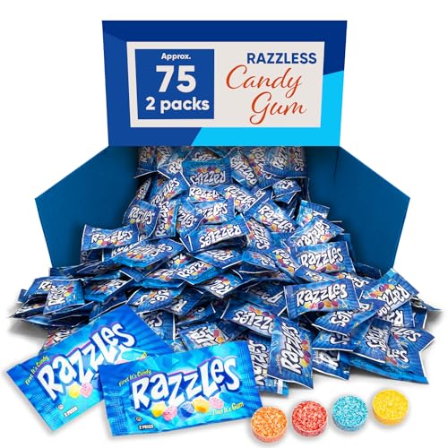 Razls Fruity Candy Variety Pack, 2 Pieces, 75 Packs - Bulk Candy Individually Wrapped. First it's Hard Candy, Then it's Gum - Vintage Candy Gum, Perfect for Sharing with Family and Friends. Includes Lemon, Raspberry, Grape, Orange & Blueberry Flavors