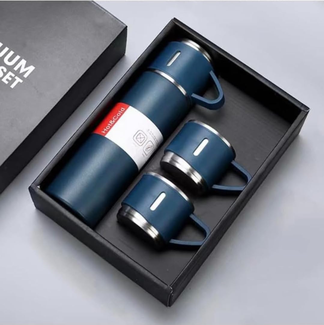 Vacuum Insulated Travel Flask and Coffee Mug Gift Set, Stainless Steel, Water Bottle 3-Piece Set (Navy Blue)