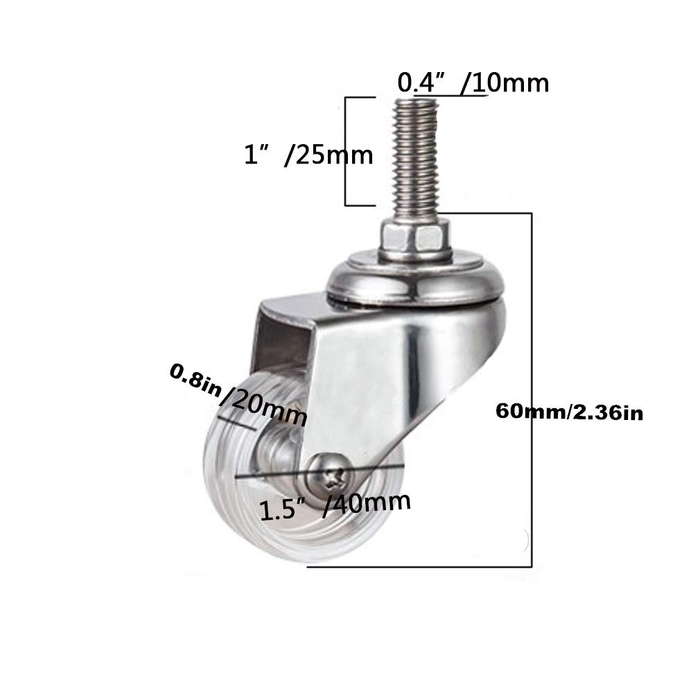 Möbelrollen, Caster Wheels,Wheels Pack of 4 Swivel Metal Stem Caster,Heavy Duty Castors,Transparent PC-Material Furniture Wheel,with Threaded Stem M10,Capacity 231lb,for Chair Table (2in,Brake) ( Colo