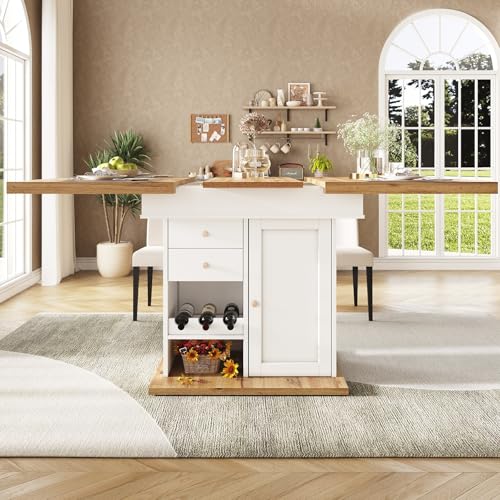 YEHTOKHOME Table à Manger Extensible 4-6 Personnes, Table de Cuisine Rectangulaire avec Rangement, Tiroir et 3 Cave à vin, Étagères Réglables, pour Petits...