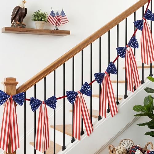 Image of 4th of July Decorations - 6.7 FT Patriotic Bow Garland Banner | Memorial Day 250th Anniversary Red White Blue Independence Day Party Decorations for Home Yard Porch Indoor Outdoor