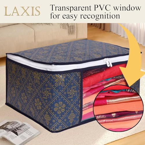 Image of LAXIS Saree Organiser for Wardrobe, Foldable Royal Print Saree Covers for Storage Set with Clear Window & Zipper, (Golden-Navy blue, Pack of 3)