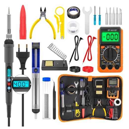 Kit de Soldador Eléctrico 27 PCS 60W Soldadores de Estaño 180-500℃ Pistola de Soldadura con Soporte 6 Puntas Multímetro Digital Alambre de Soldadura Pinzas Cortador Bolsa de Herramientas etc