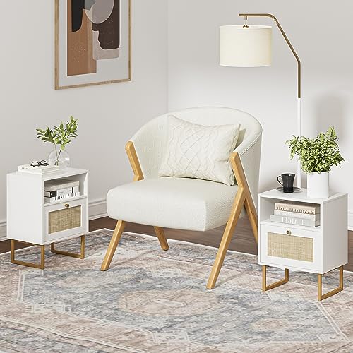 Image of Masupu Extra Large Rattan Nightstand,Boho Night Stand Modern Farmhouse Wood Bedside Table with Storage Drawer and Open Shelf,Side End Table for Bedroom,Living Room,Office White
