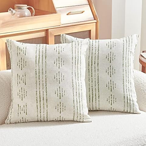 jinchan Linen Throw Pillow Covers Farmhouse Boho Geometric Striped Mudcloth Pattern Cushion Covers Textured Durable Pillowcases for Sofa Couch Bed Living Room 18x18 Inch Green Pack of 2 Cover