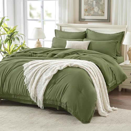 Image of Andency Oversized King Comforter Set with Sheets 120x120 Olive Green - 7 Pieces Boho Tassel Bed in a Bag Soft Lightweight Bedding Sets, Fringe Bed Set with Comforter, Sheets, Pillowcases & Shams