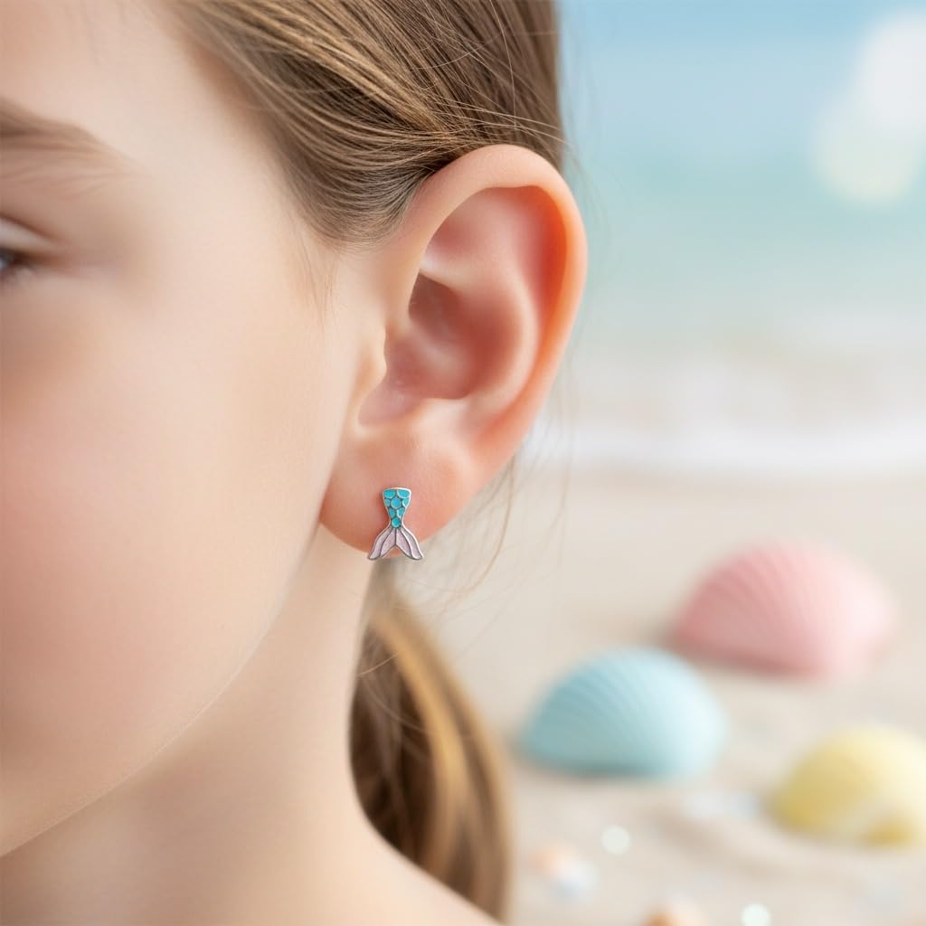 Limited Edition Solid 925 Sterling Silver Mermaid Tail Little Stud Earrings Hypoallergenic 43542
