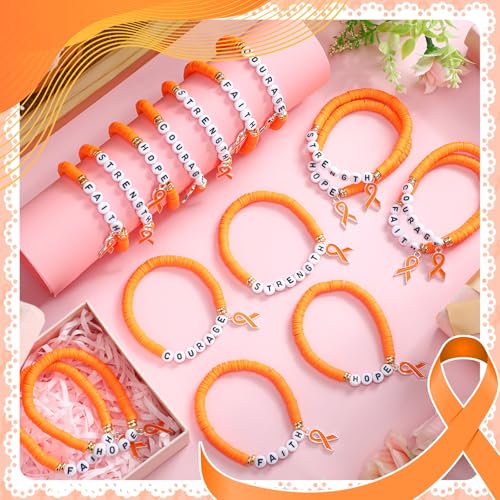 24 Pcs Leukemia Awareness Products Orange Ribbon Polymer Clay Letter Beaded Stretch Bracelets Leukemia Lymphoma Cancer Awareness Products for Women Public Social Charity Welfare Event4