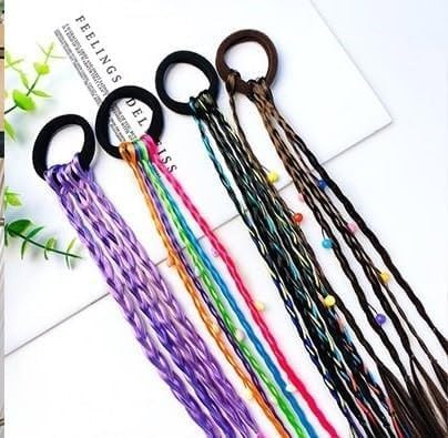 Colorful Braid Extensions Hair Band Braids with Rubber Bands Bows Color String Wrap Braided Vibrant Navratri Look Girl and Women Accessory for Everyday Style Rainbow [Pack Of 2 Pcs_MultiColor ]