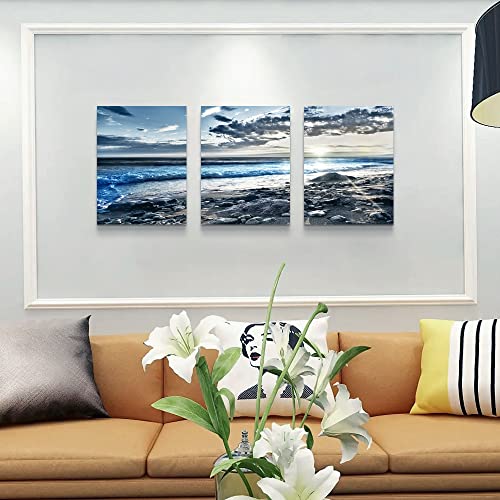 Canvas Wall Art for Living Room & Bedroom - Blue Beach Wall Pictures - Sun & Ocean Paintings - Office Wall Decoration - Seascape Poster Art Prints - Large Size - 20" X 28" - 3 Piece