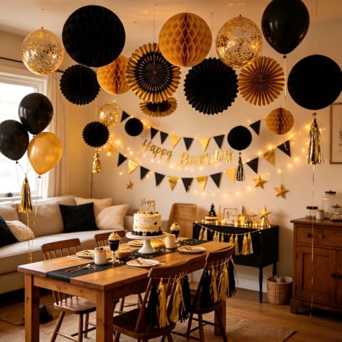 Image of ZOOYOO 12Pcs 6 inch 10 inch Honeycomb Balls Decorations Hanging Tissue Paper Pom Poms for Graduation,Anniversary,New Year,Farewell,Retirement,Birthday Party Decorations(Black Gold)