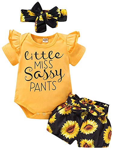 3PCS Infant Toddler Baby Girl Clothes Ruffle Romper Bodysuit Floral Halen Pants Headband Outfits (Yellow Sassy- Shorts, 6-12 Months)
