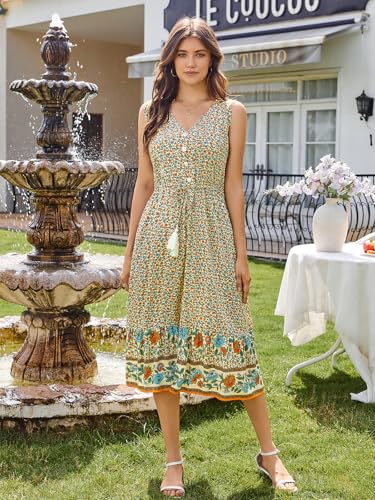 Image of BROVAVE Women Summer Bohemian Floral Print V Neck Sleeveless Sundress Flowy Casual Midi Dress