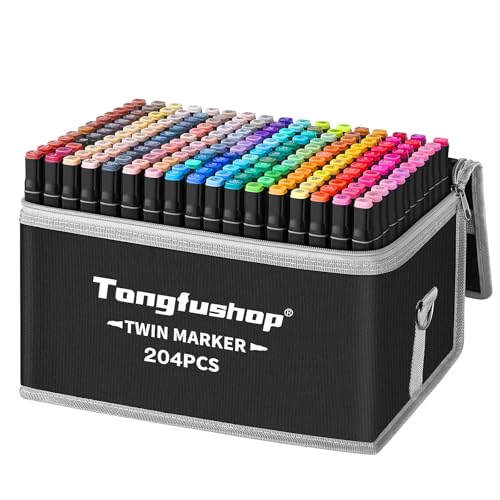 Tongfushop Feutre Alcool, 204 Couleurs Feutre a Alcool Pointe Double, 2S Séchage Rapide Marqueur avec Pochette de Transport et Espaceur, Feutres Coloriage Adulte pour Croquis Coloriage Calligraphie