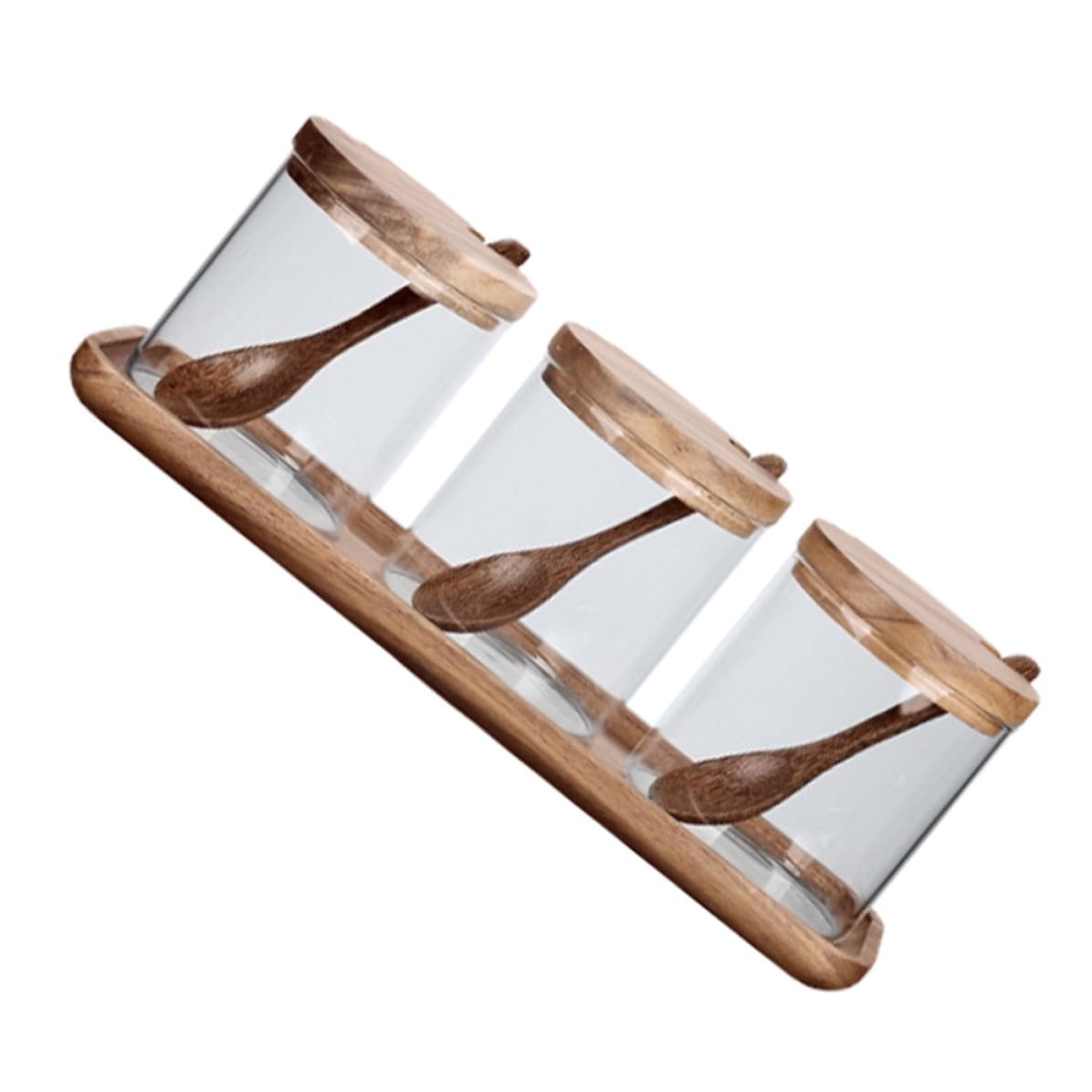 CANIGHT 1 Satz Gewürzbehälter aus Glas mit Holzdeckel Löffel und Tablett Durchsichtiges Aufbewahrungsgefäß für Küche Praktischer Gewürzaufbewahrungstopf für Hausgebrauch